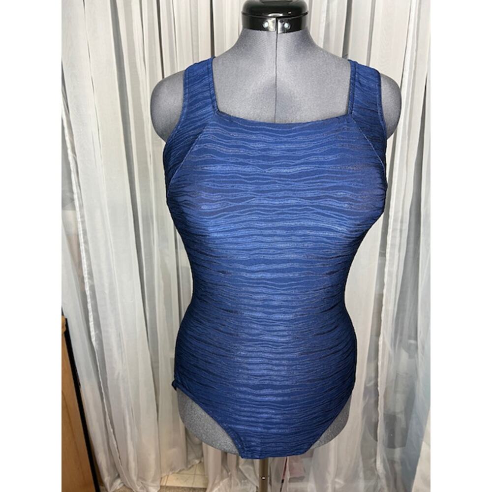 Christina one piece swimsuit Vintage textured waves square neck navy